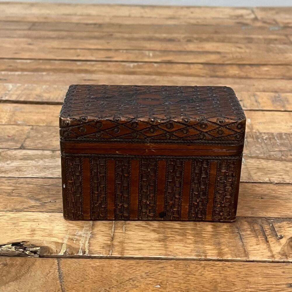 Vintage Playing Card Storage Box For 2 Decks Cards Mid Century Hand Carved Wood